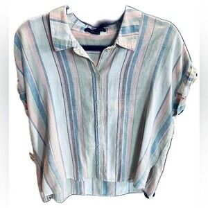 Sanctuary‎ Women’s Short Sleeve Boxy Style Striped Button Down Collar Top Size L